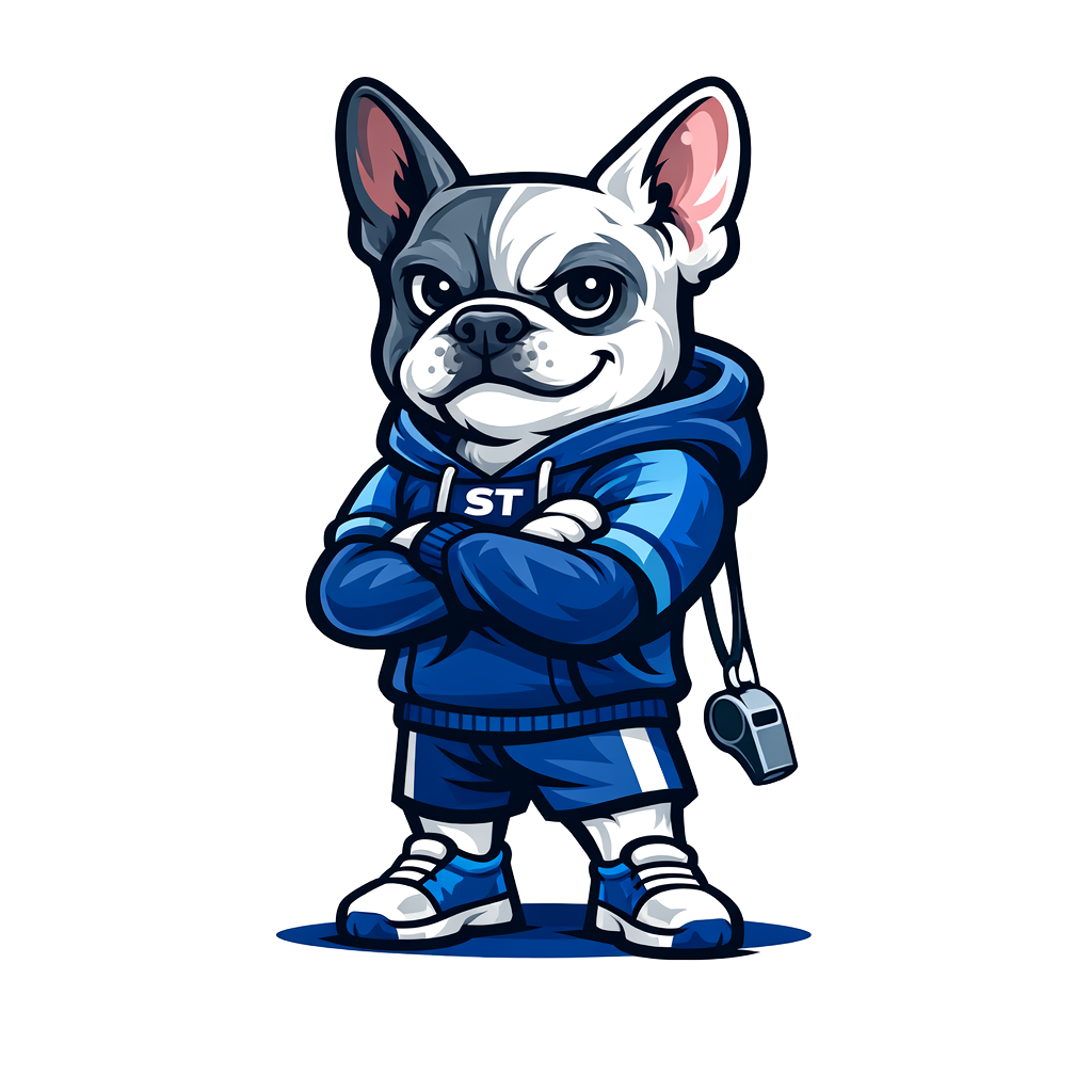 ST Active Together bulldog mascot in blue hoodie